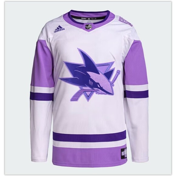NWT SEALED RARE Adidas San Jose Sharks HOCKEY FIGHTS CANCER Purple jersey 56 2XL - Picture 4 of 6
